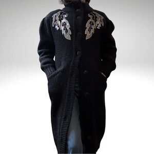 Vintage Monte per le Chois Black Longline Cardigan Coat w/ Metallic Appliqué